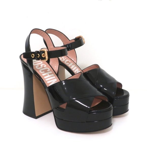 Moschino Shoes - MOSCHINO PLATFORM FLARE-HEEL SANDALS BLACK PATENT LEATHER SIZE 38.5